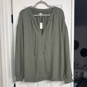 aerie Olive Green Long-Sleeve Peasant Top with Braided Ties
